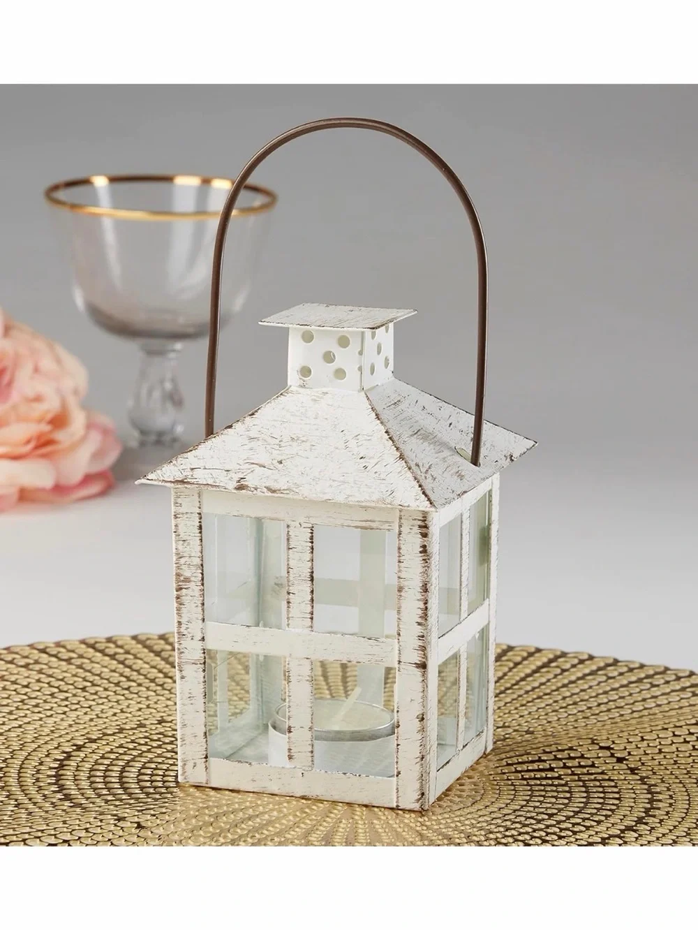 Kate Aspen Distressed White & Brown Metal-Handled Lantern
